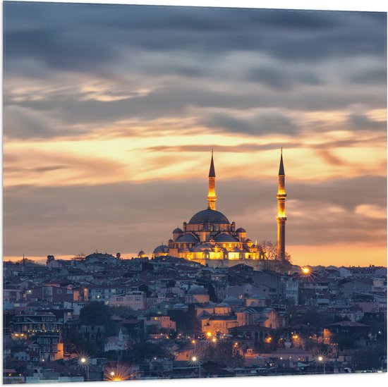 WallClassics - Vlag - Süleymaniye-Moskee op Begin van de Avond in Istanbul, Turkije - 80x80 cm Foto op Polyester Vlag