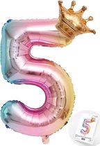 Cijfer Ballon nummer 5 - Prins - Prinses - Royal Rainbow - Ballon - Regenboog Unicorn Kleuren - Prinsessen Verjaardag