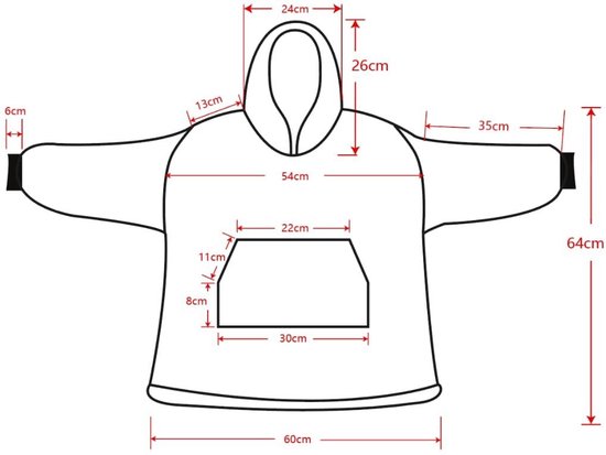 Technische tekening van een oversized hoodie deken met afmetingen. Grijze stof met witte sterren patroon.