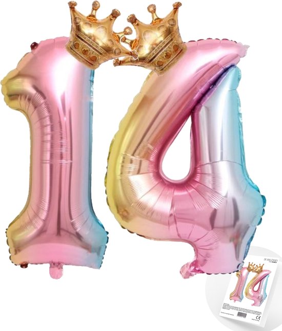 Cijfer Ballon nummer 14 - Prins - Prinses - Royal Rainbow - Ballon - Regenboog Unicorn Kleuren - Prinsessen Verjaardag
