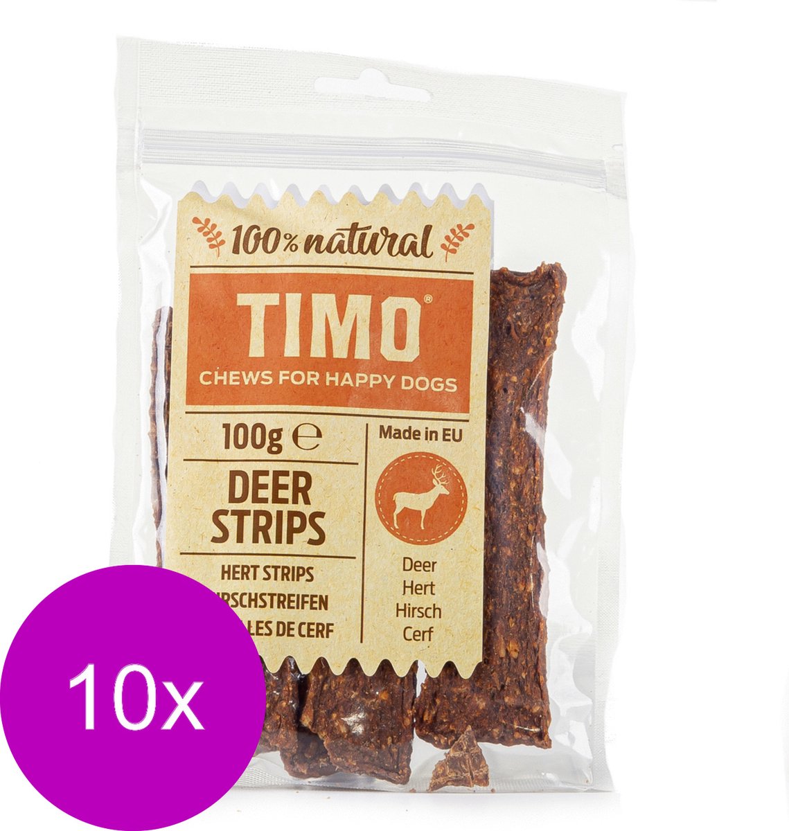 Timo Strips 100 g - Hondensnacks - 10 x Hert