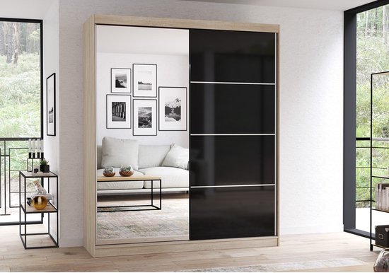 InspireMe- Zweefdeurkast Kledingkast met Spiegel Garderobekast met planken en kledingstang - 183x61x218 cm (BxDxH) - BEN 31 (Sonoma)