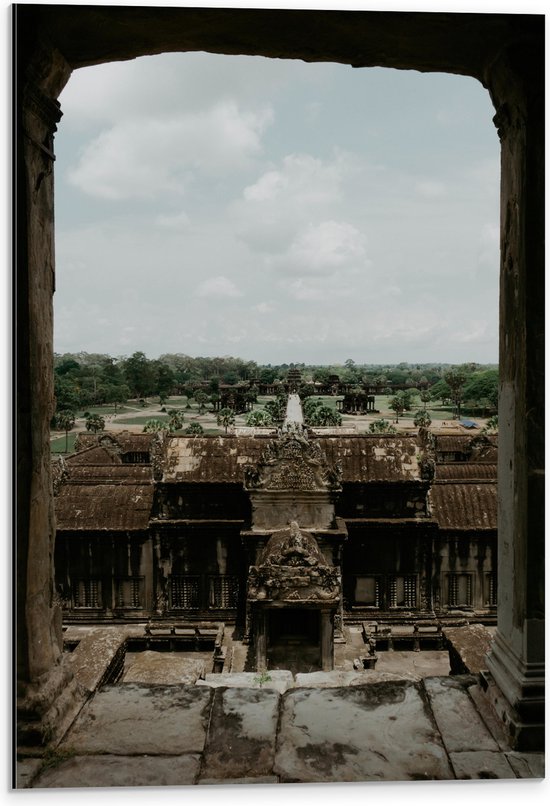 Dibond - Uitzicht vanuit Tempel over Tuin - 40x60 cm Foto op Aluminium (Met Ophangsysteem)