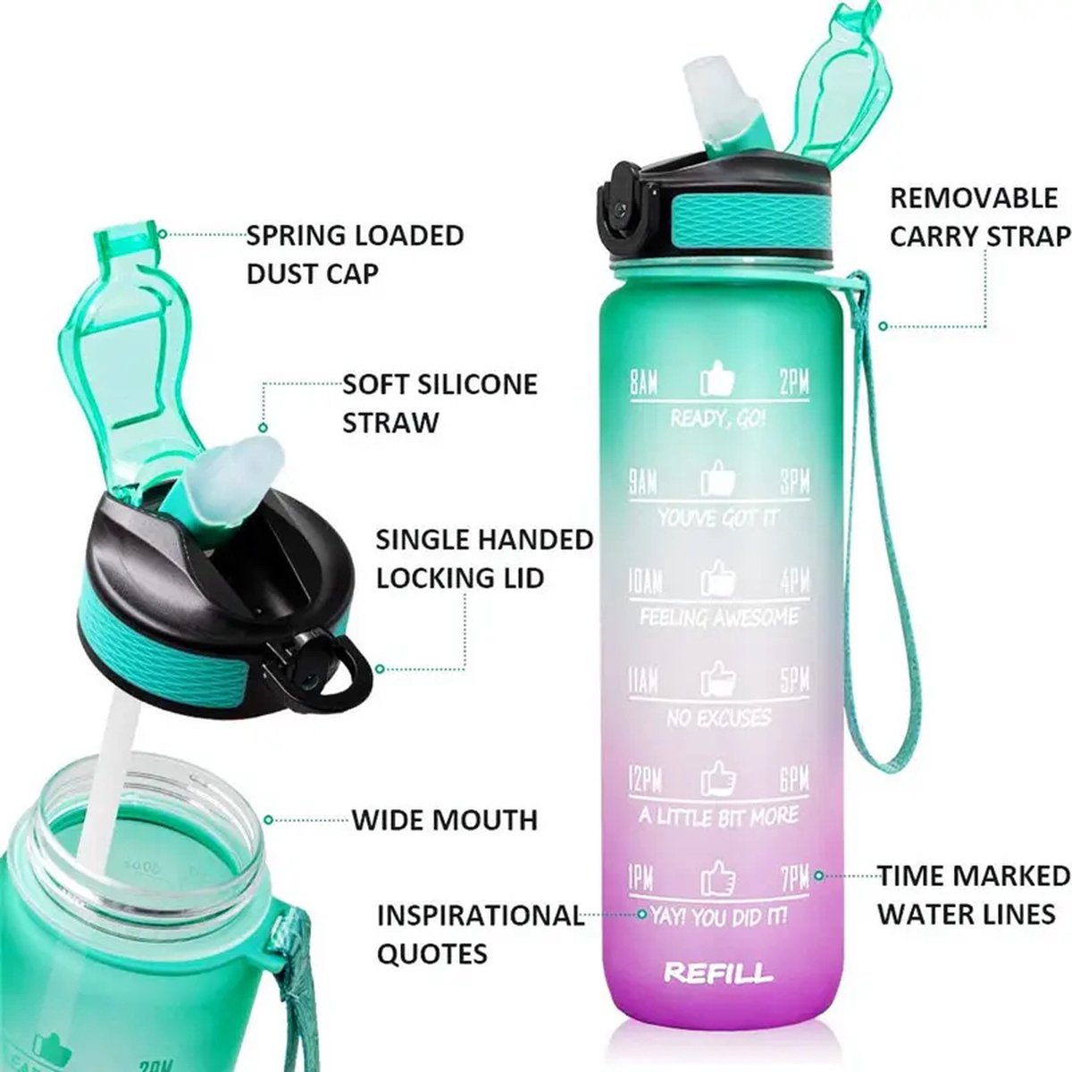 Piro - Motivatie Drinkfles Met Rietje - Waterfles 1 Liter - Incl. Tijd Markeringen - Paars Turquoise