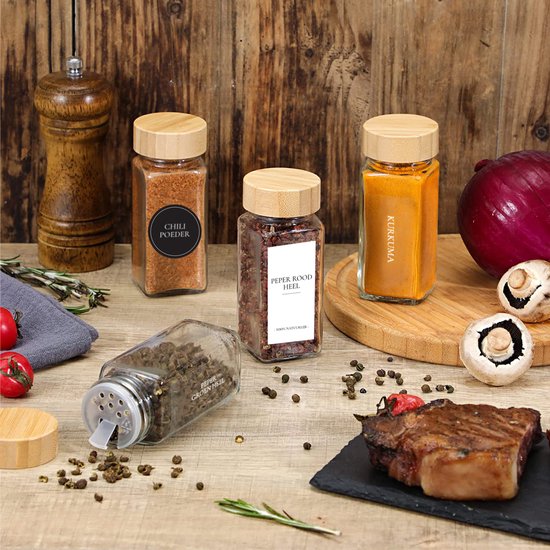 DIFULI 36 kruidenpotjes, vierkant, set met bamboedeksel, 120 ml
