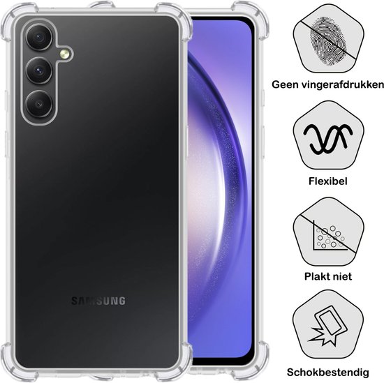 Transparante telefoonhoes met versterkte hoeken, toont een telefoon. Iconen voor geen vingerafdrukken, flexibel, plakt niet en schokbestendig.