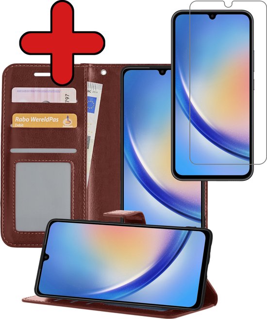 Samsung A34 Case Book Case Cover Wallet Cover Walletcase avec protecteur d'écran - Samsung Galaxy A34 Cover Bookcase Case - Marron