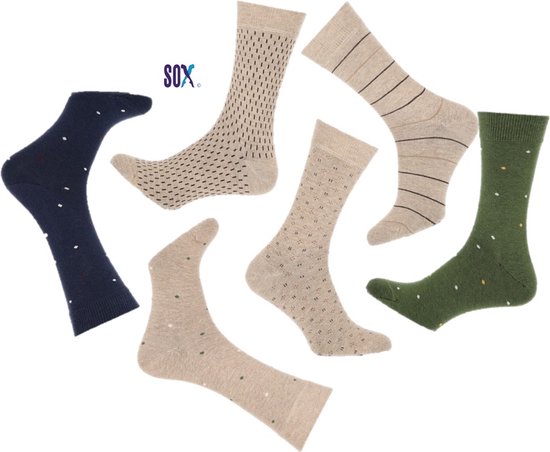 CRAZY SOX 6 PACK Multipack Heren Classic Marine/Beige/Kaki 40/46 in 80% Katoen en zonder teennaad