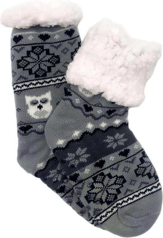 Merino schapen Wollen sokken - Grijs met Uiltjes - maat 35/38 - Huissokken - Antislip sokken - Warme sokken – Winter sokken