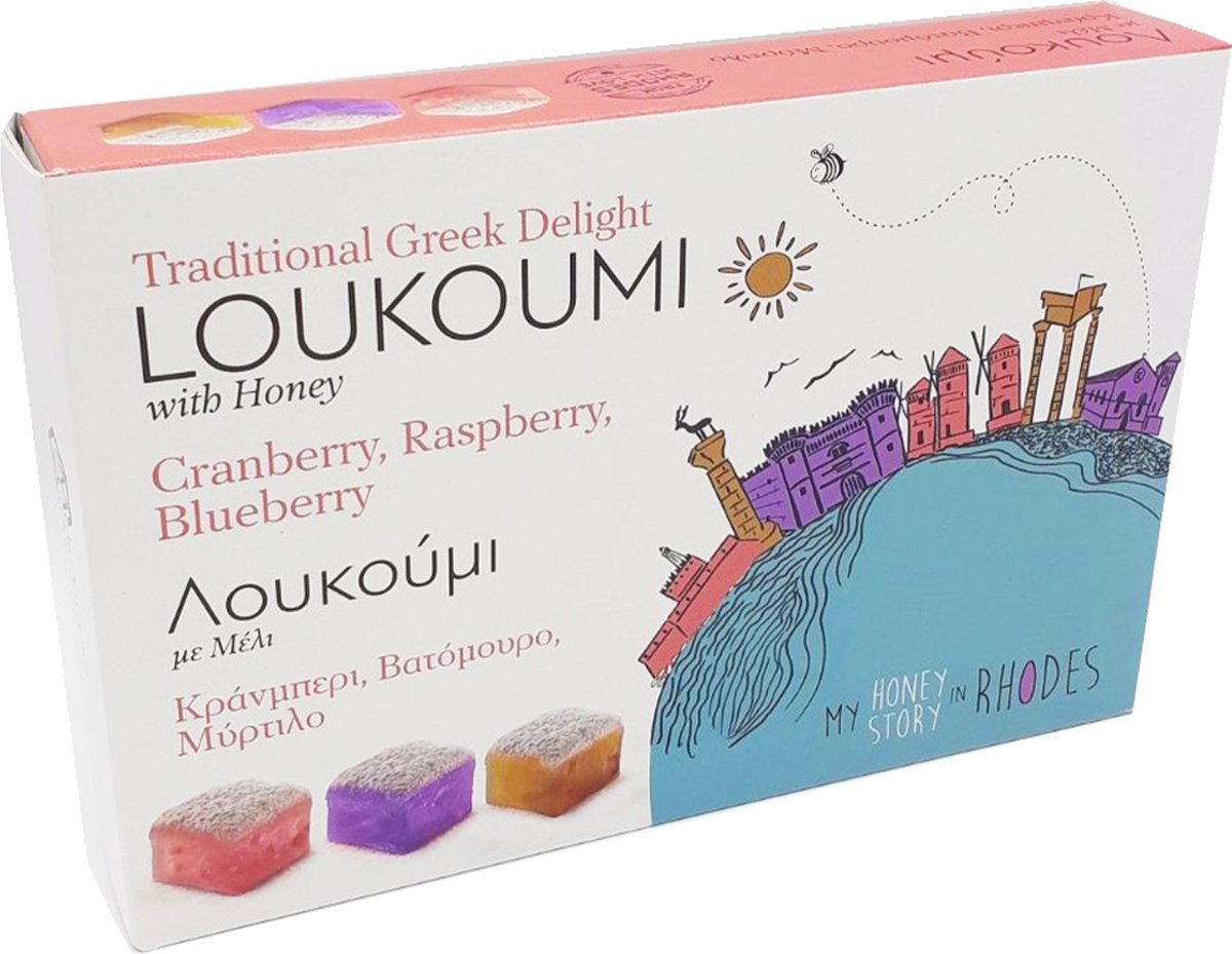 Melissokomiki Dodecanesse Loukoumi Cranberry, Raspberry, Blueberry 250gr | Turks Fruit Honing Snoep