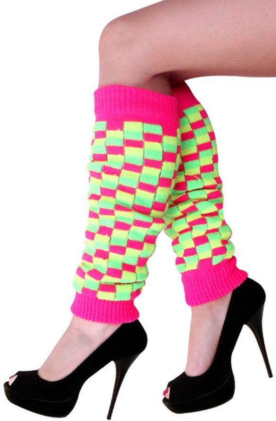 Luxe Beenwarmers fluor roze/geel/groen geblokt - carnaval thema feest optocht beenwarmer