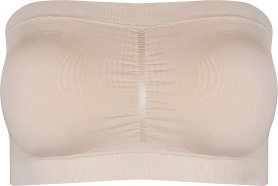 Beige strapless bh met ruches in het midden en geribbelde randen.