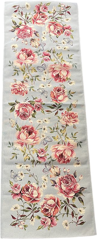 Tafelloper - luxe gobelinstof - Aiden Garden - Blauw - grote roze rozen - 40 x 140 cm