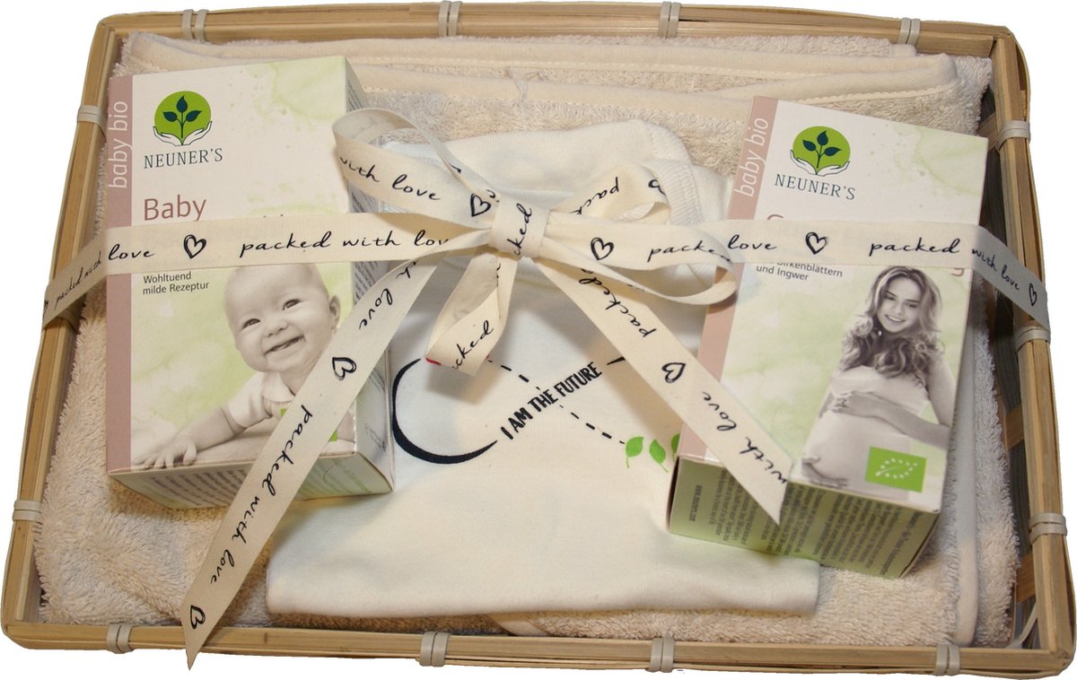 Goedkoopste Kraammand - Baby gift set - bad cape - baby handdoek van luxe dikke badstof katoen biologisch - Romper biodynamisch katoen maat 56 - Baby thee - Zwangerschapsthee of Borstvoedingsthee