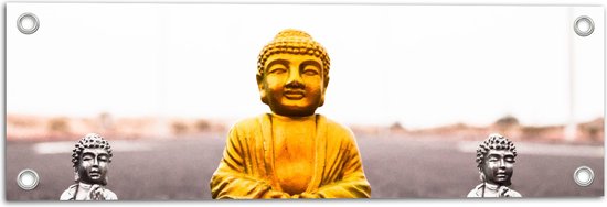 Tuinposter – Gouden en Zilveren Miniatuur Buddha_s op Asfalt weg - 60x20 cm Foto op Tuinposter (wanddecoratie voor buiten en binnen)