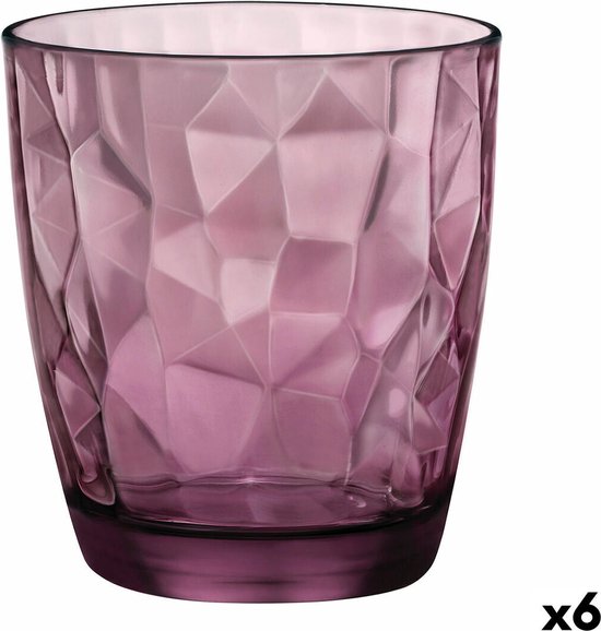 Bormioli Rocco Diamond tumbler van paars glas met geometrisch facetpatroon. Set van 6.