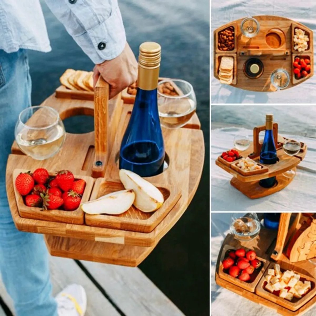 WIYETY Opvouwbare Picknicktafel Van Hout – Draagbaar Met Wijnglashouder, Rond Ontwerp Voor Camping, Strand En Tuinfeesten