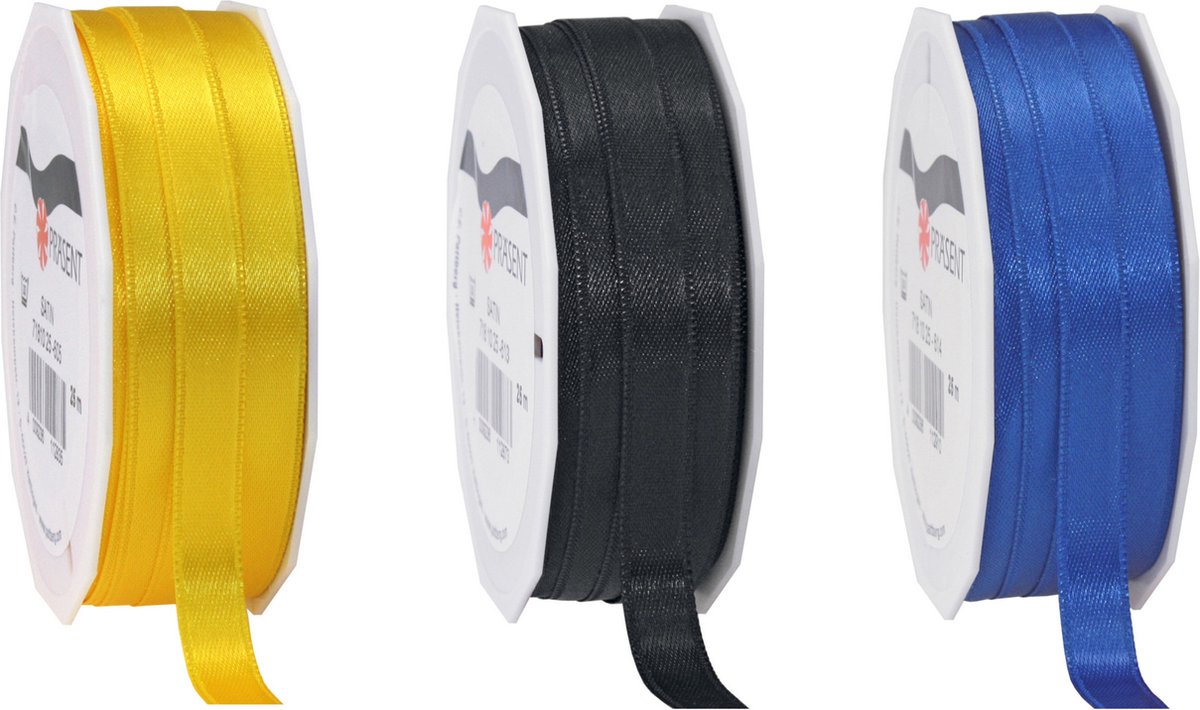Glorex hobby - Satijn cadeau inpak deco sierlint - blauw/zwart/yellow - 25 meter x 1 cm