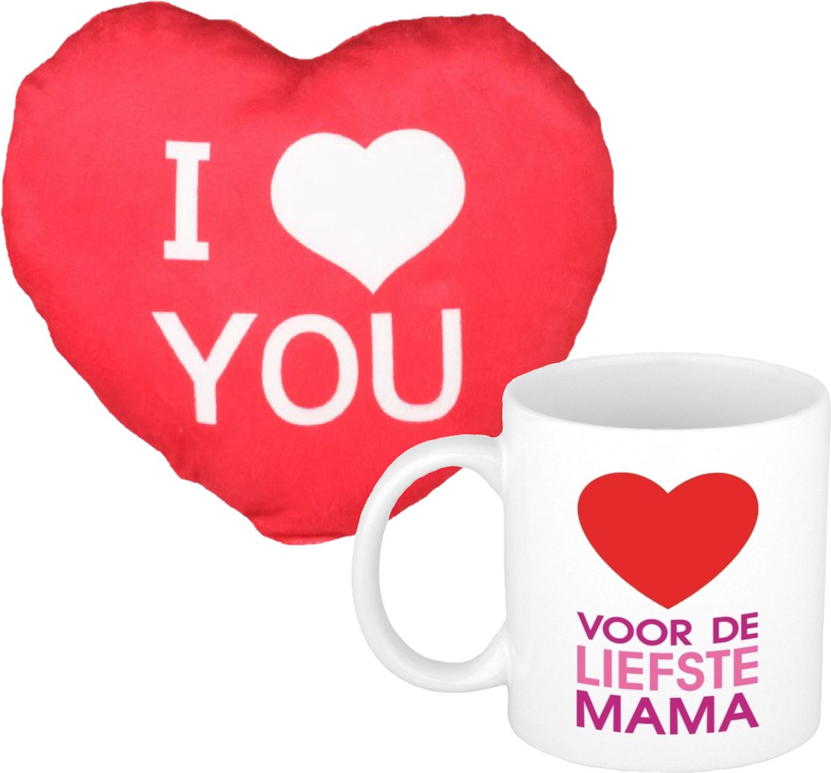 Voor de liefste mama - mok/beker - 300 ml - incl. sierkussentje hart vorm - 15 cm