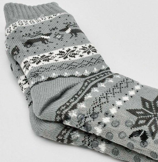 Merino Wollen sokken - Licht Grijs met Rendier - maat 43/46 - Huissokken - Antislip sokken - Warme sokken – Winter sokken