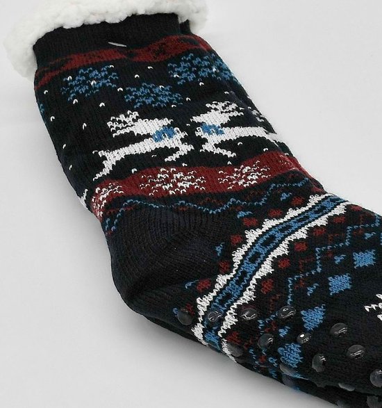 Merino Wollen sokken - Zwart met Rendier Wit - maat 39/42 - Huissokken - Antislip sokken - Warme sokken – Winter sokken