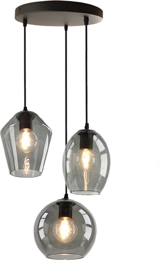 Olucia Lazaro - Design Hanglamp - 3L - Glas/Metaal - Grijs;Zwart - Rond - 30 cm