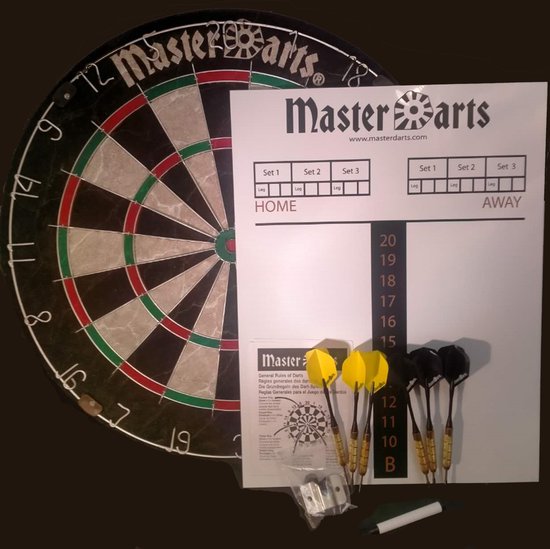 Engelhart dart cabinet with pro-bristle dartboard, 6 darts, marker and eraser