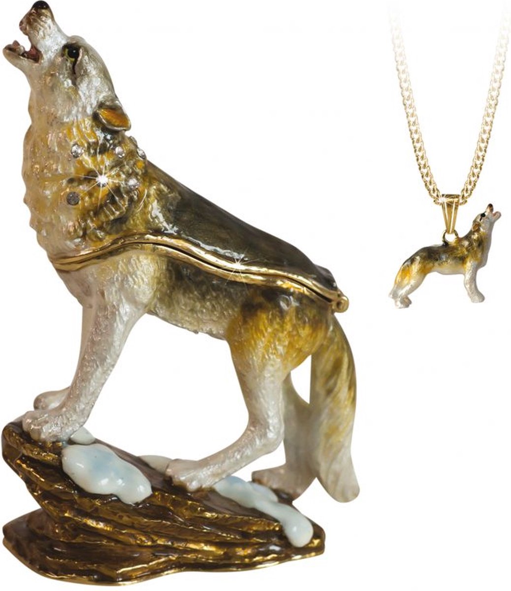 Goedkoopste MadDeco - emaille - pillendoosje - wolf - met hangertje afgewerkt met kristal- geheime verborgen schatten