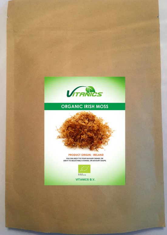Vitanics biologisch Iers mos (carrageen) in een bruine papieren zak. Het mos is lichtbruin en draadachtig. Op het etiket staat "ORGANIC IRISH MOSS" en "PRODUCT ORIGIN: IRELAND".