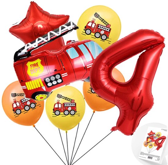 Cijfer ballon 4 jaar Brandweer Themafeest Ballonnenpakket - Rood - Zwart - Helium Ballon - Snoes