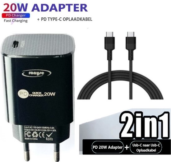 PD 20W Adapter met USB-C Kabel - 1 Meter - Zwart - Oplader & Oplaadkabel Geschikt voor Samsung - USB-C naar USB-C - Combi pakket