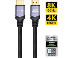 NÖRDIC HDMI-N1017A Ultra high speed HDMI Kabel - HDMI 2.1 - 8K 60Hz, 4K 120Hz - 48Gbps - Dynamische HDR, eARC, VRR - Gevlochten nylondraad - 1.5m - Spacegrijs