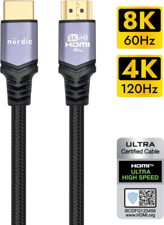 NÖRDIC HDMI -N1023A Câble HDMI Ultra haut débit - HDMI 2.1 - 8K 60Hz, 4K  120Hz 