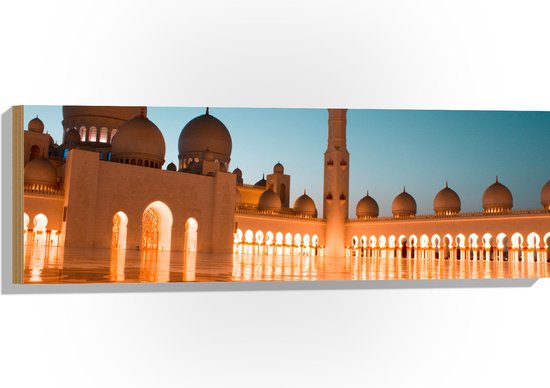 Hout - Vooraanzicht van de Sjeik Zayed-moskee in Abu Dhabi - 90x30 cm - 9 mm dik - Foto op Hout (Met Ophangsysteem)