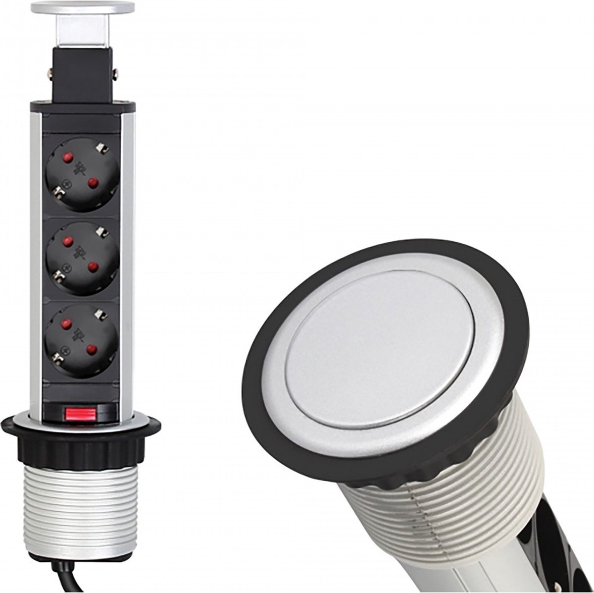 Design Light Liftbox - Stekkerdoos - Pop up verdeelstekker met 3 stopcontacten - Inbouw Stekkerblok met 1.8 meter kabel - Aluminium