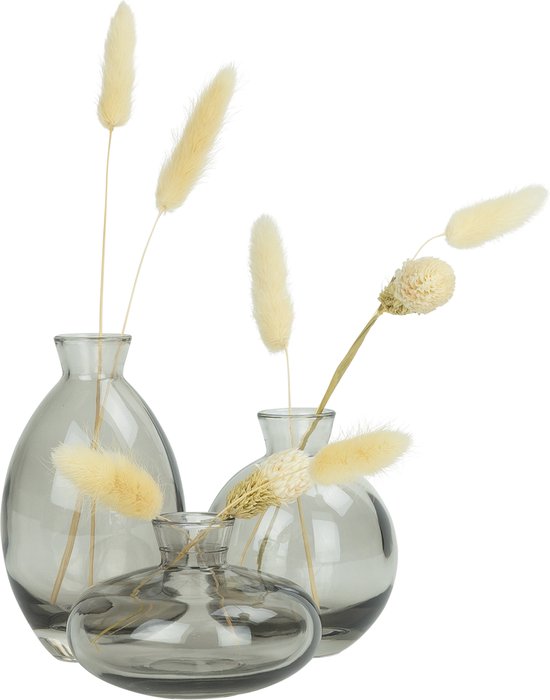 QUVIO Vases set de 3 - Vase pour fleurs séchées - Vase en Verres - Vase à fleurs - Accessoires de maison pour fleurs et bouquets - Accessoires décoratifs - Glas - Gris transparent