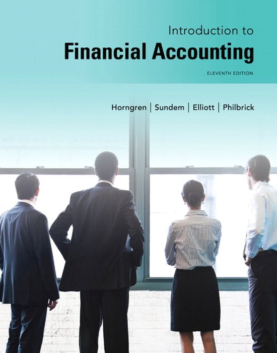 Boek 'Introduction to Financial Accounting'. Vier zakenmensen kijken naar buiten door een groot raam.
