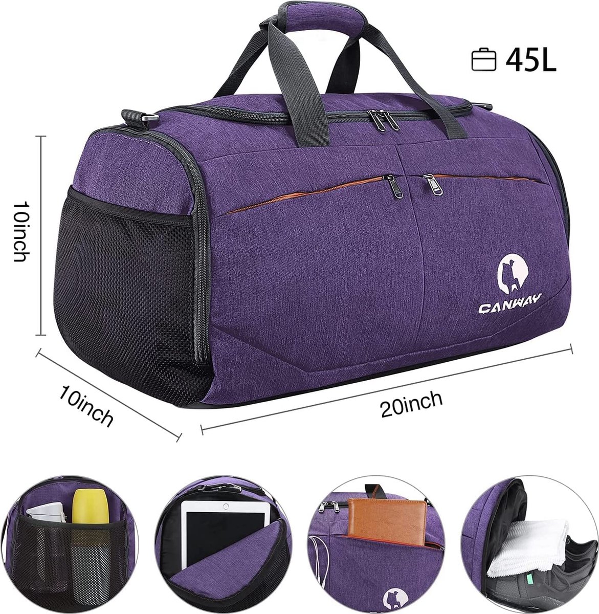 Sac De Sport CANWAY 45L – Imperméable, Compartiment Chaussures, Poche Humide, Pour Homme Et Femme