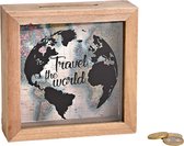spaarpot met wereldkaart " travel the world " . 15x5cm. Hout /glas