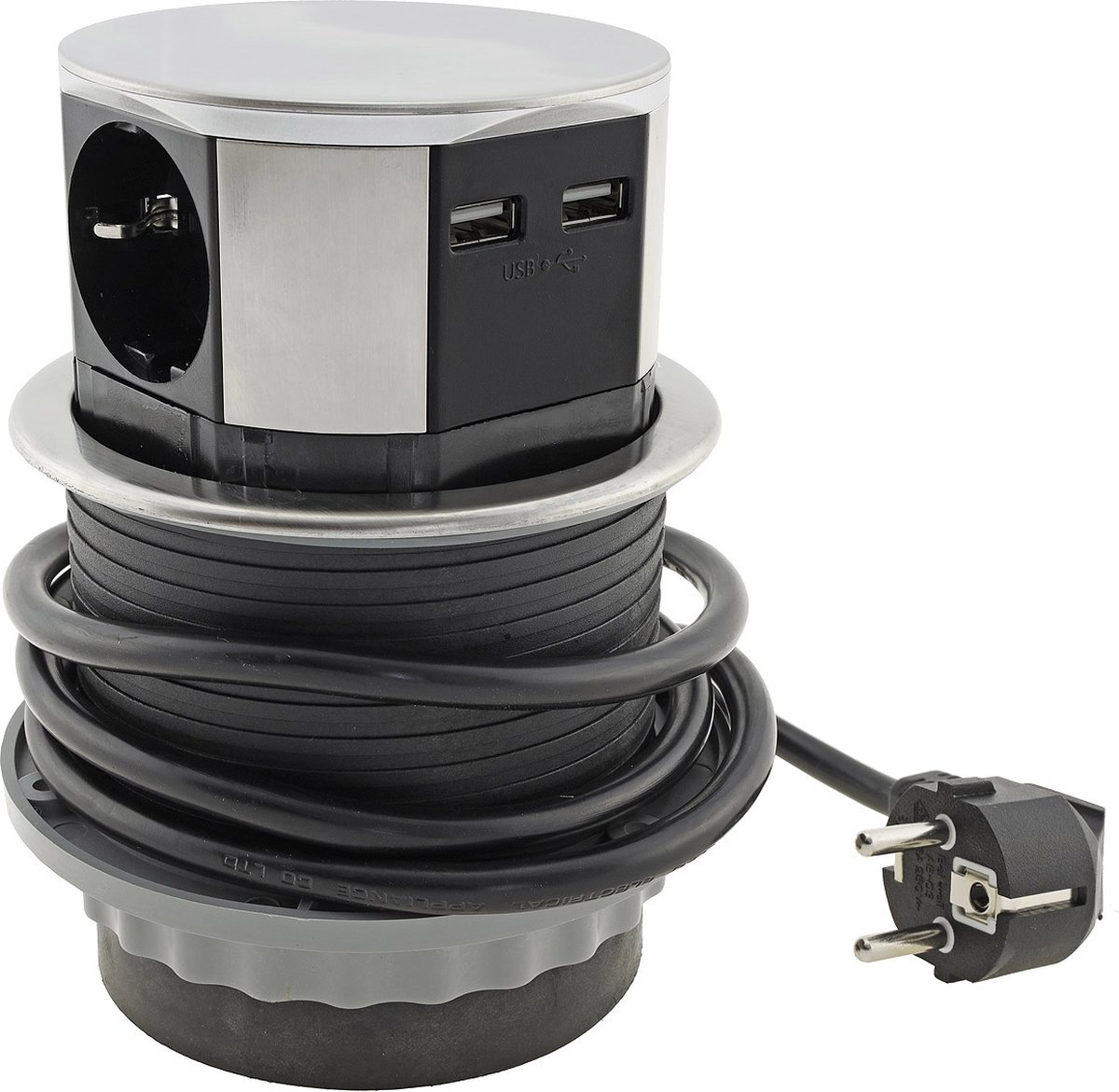 Design Light Tetrabox - Stekkerdoos - Pop up stekkerblok met 3 stopcontacten - Verdeeldoos 2 USB A - Inbouw Stekkerblok met 1.5 meter kabel - Zilver