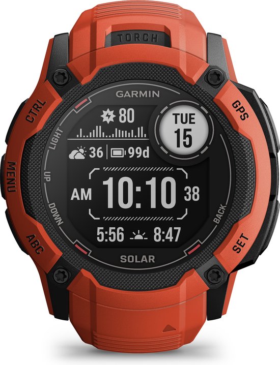 Oranje Garmin smartwatch met zwart bezel, display toont 10:10 en "SOLAR".