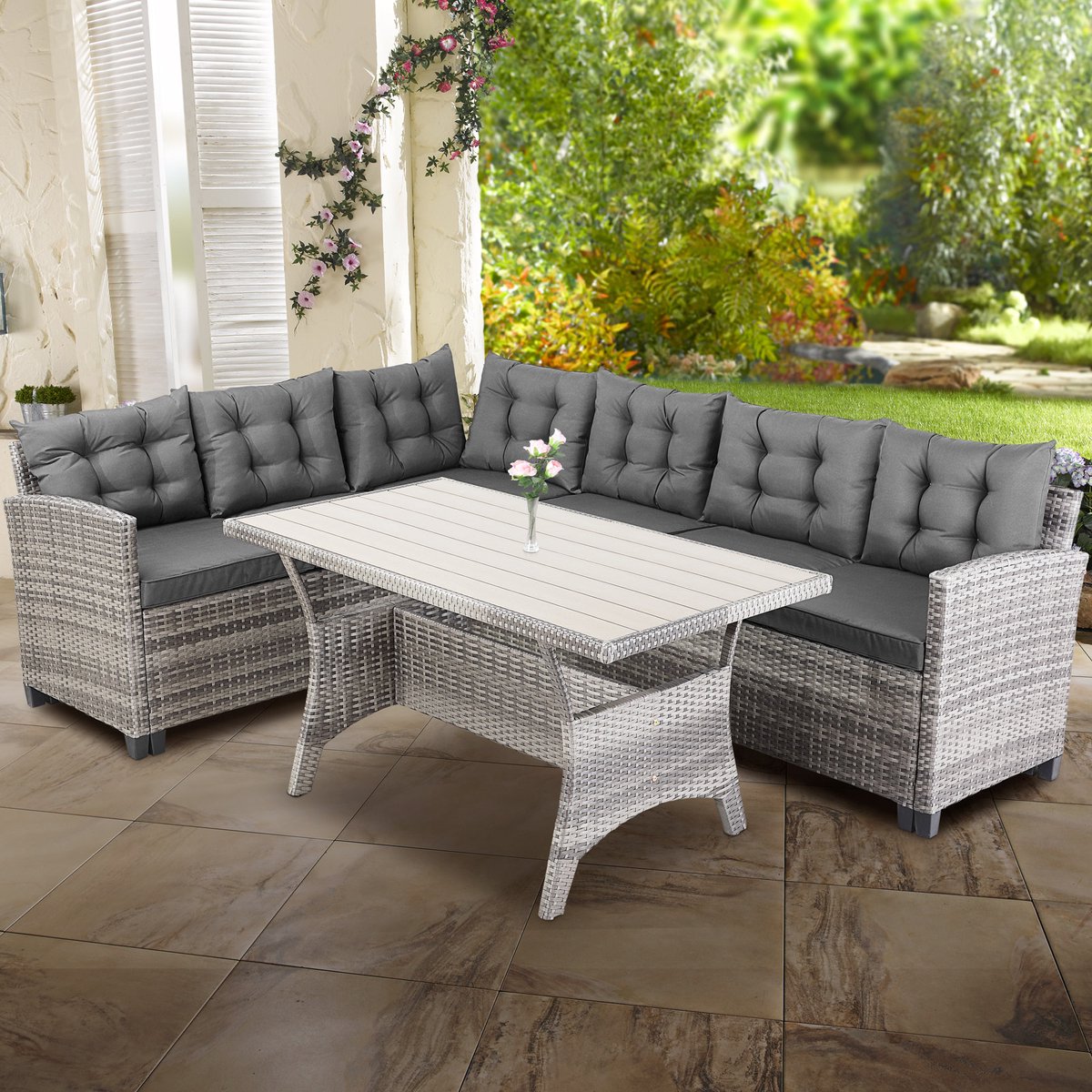 Casaria Loungeset - 6 Personen Eettafel Polyrattan – Grijs thumbnail 4