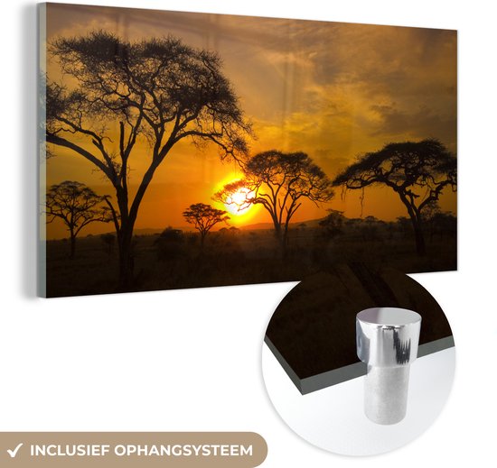 Glasschilderij - Zonsondergang in de Serengeti - Acrylaat Schilderijen - Foto op Glas