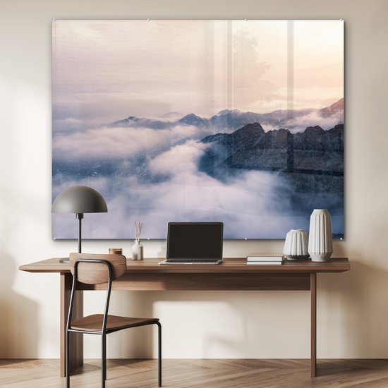 MuchoWow® Peinture sur verre 160x120 cm - Peinture sur verre acrylique - Le brouillard passe sur une chaîne de montagnes - Photo sur verre - Peintures