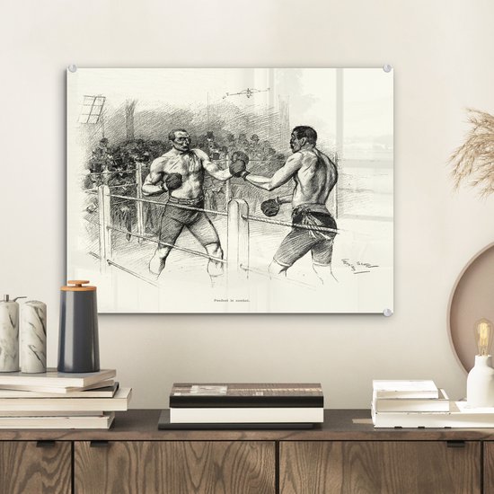 ® Glasschilderij 40x30 cm - Schilderij acrylglas - Een illustratie van een wedstrijd boksen - Foto op glas - Muurdecoratie woonkamer - Wanddecoratie slaapkamer - Schilderijen