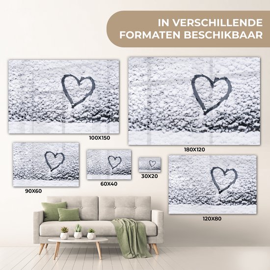 ® Glasschilderij 120x80 cm - Schilderij acrylglas - Hartje in sneeuw - Foto op glas - Muurdecoratie woonkamer - Wanddecoratie slaapkamer - Schilderijen