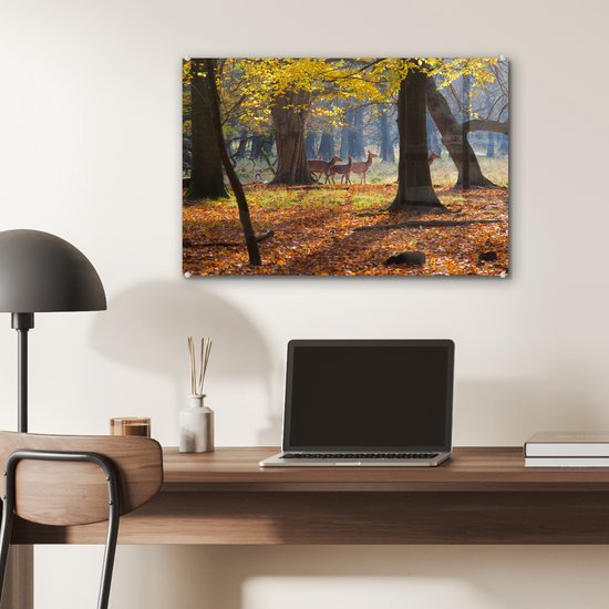 ® Glasschilderij 60x40 cm - Schilderij acrylglas - Herten in een bos in Denemarken - Foto op glas - Muurdecoratie woonkamer - Wanddecoratie slaapkamer - Schilderijen