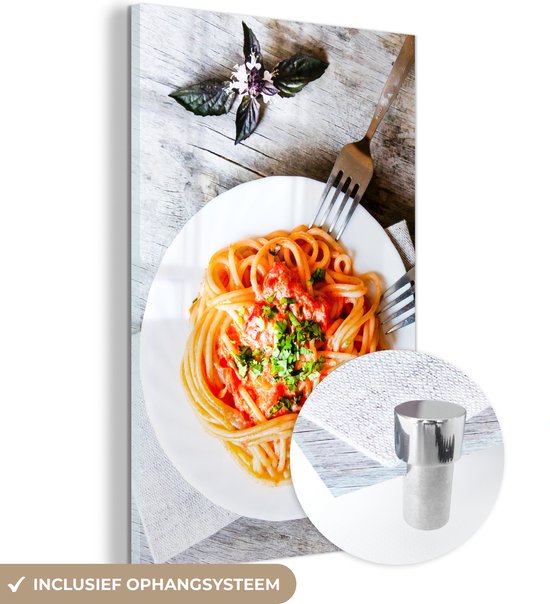 MuchoWow® Glasschilderij 80x120 cm - Schilderij acrylglas - Spaghetti met groente - Foto op glas - Schilderijen
