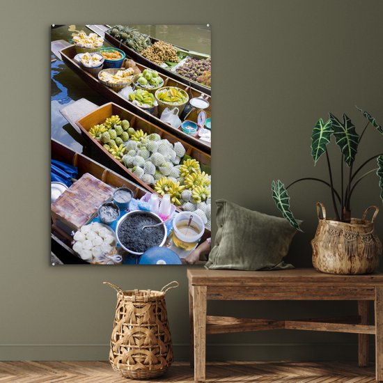 Peinture sur verre MuchoWow® 80x120 cm - Peinture acrylique sur verre - Bateaux flottants au marché en Thaïlande - Photo sur verre - Peintures