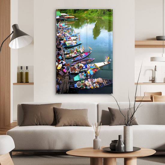 Peinture sur verre - Marché flottant en Thaïlande avec des bateaux colorés - 80x120 cm - Peintures sur Verre Peintures - Photo sur Glas